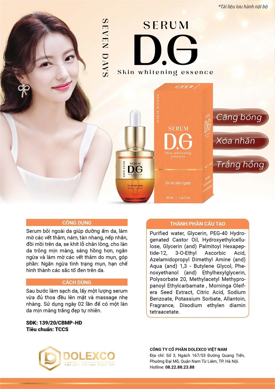 SERUM D.G SKIN WHITENING ESSENCE 2 Thành phần nổi bật của Serum D.G – Dưỡng trắng, căng bóng và chống lão hóa